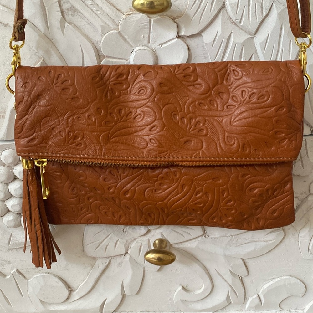 Made in Italy Embossed Floral Genuine Leather Flat Crossbody Bag in Cognac